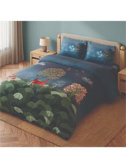 SPACES - Gond Dark Blue Abstract 100% Cotton 300 Tc Large Bedsheet with Pillow Covers