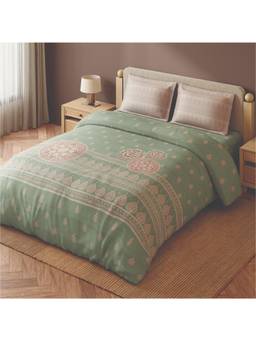 SPACES - Wood Carving Light Green Ornate 100% Cotton 30 Large Bedsheet with Pillow Covers