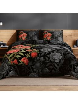 SPACES - Avaris 100% Cotton 0 Tc Floral Black Large Bedsheet with Pillow Covers