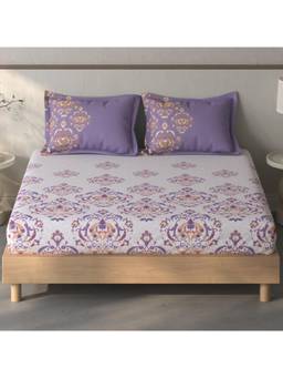 SPACES - Fiora Light Violet Ornate 100% Cotton King Fitted Sheet With Pillow Covers