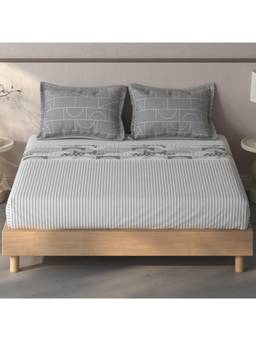 SPACES - Fiora Light Grey Geometric 100% Cotton King Fitted Sheet With Pillow Covers