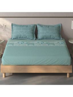 SPACES - Fiora Light Green Geometric 100% Cotton King Fitted Sheet With Pillow Covers