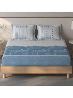 SPACES - Fiora Light Grey Geometric 100% Cotton King Fitted Sheet With Pillow Covers