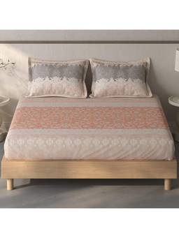 SPACES - Fiora Light Blush Ornate 100% Cotton Queen Fitted Bedsheet with Pillow Covers