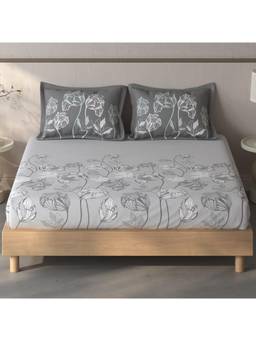 SPACES - Fiora Light Grey Floral 100% Cotton Queen Fitted Sheet With Pillow Covers
