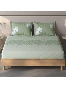 SPACES - Fiora Green Floral 100% Cotton Queen Fitted Sheet With Pillow Covers