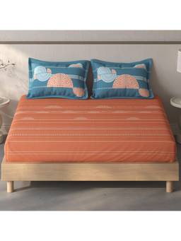 SPACES - Fiora Rust Geometric 100% Cotton Queen Fitted Sheet With Pillow Covers