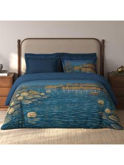 SPACES - Riviera Dark Blue Floral 100% Cotton Large Bedsheet with Pillow Covers
