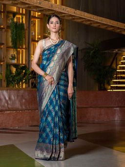 Beatitude - Blue Gold-Toned Ethnic Motifs Silk Blend Saree with Unstitched Blouse