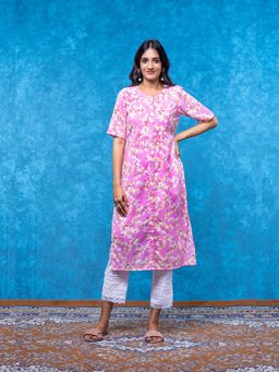 The Svaya - Dreamy Floral Pink Front Open Straight Kurta