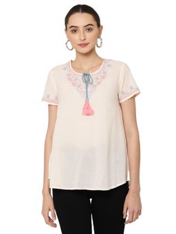 SAVI - Off White Ethnic Motifs Embroidered Top