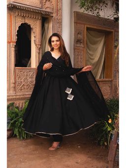 ETHNICSAA - Black Kanak Angrakha with Pant and Dupatta (Set of 3)