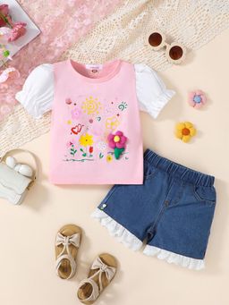 Hopscotch - Pink Floral Print Top and Denim Shorts