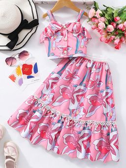 Hopscotch - Pink Floral Print Crop Top and Skirt