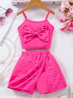 Hopscotch - Pink Beads Embellished Crop Top and Skorts