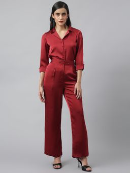 Latin Quarters - Women's Maroon Solid Collar Neck Casual Co-Ord Set