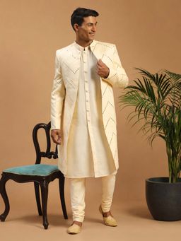 Vastramay - Men Cream Mirror Work Viscose Front Open Sherwani Over Kurta With Churidar