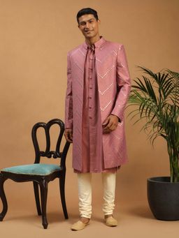 Vastramay - Men Onion Pink Mirror Work Viscose Front Open Sherwani Over Kurta With Cream Churidar