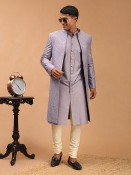 Vastramay - Men Purple Mirror Work Viscose Front Open Sherwani Over Kurta With Cream Churidar