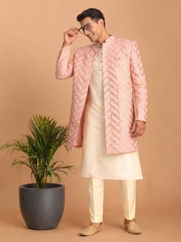 Vastramay - Men Peach Mirror Work Silk Blend Sherwani With Cream Kurta And Pant