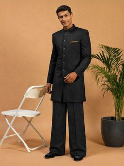 Vastramay - Men Black Solid Silk Blend Sherwani With Wide Leg Pant