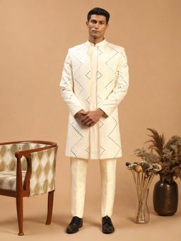 Vastramay - Men Cream Mirror Work Viscose Mirror Work Sherwani with Pant