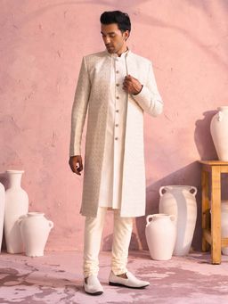Vastramay - Silk Blend Sequin Embroidered Sherwani with Kurta & Churidar