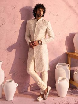 Vastramay - Men Cream Sequin Georgette Sherwani With Viscose Churidar