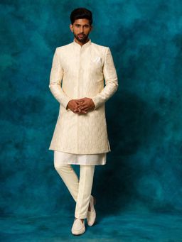 Vastramay - Men Beige Jacquard Silk Blend Sherwani With Cream Viscose Solid Kurta And Pant