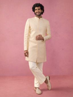 Vastramay - Men Beige Jacquard Silk Blend Sherwani With Cream Wide Leg Pant