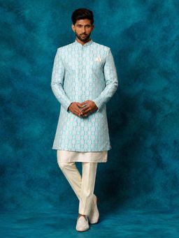 Vastramay - Men Blue Jacquard Silk Blend Sherwani With Cream Viscose Solid Kurta And Pant