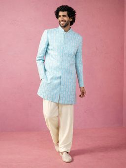 Vastramay - Men Blue Jacquard Silk Blend Sherwani With Cream Wide Leg Pant