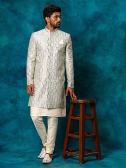 Vastramay - Men Grey Jacquard Silk Blend Sherwani With Cream Viscose Solid Kurta & Pant