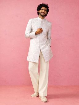 Vastramay - Men Grey Jacquard Silk Blend Sherwani With Cream Wide Leg Pant