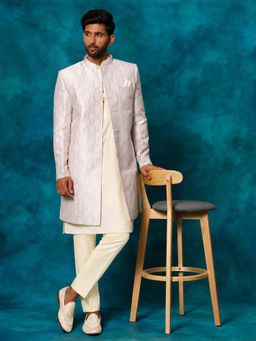 Vastramay - Men Lavender Jacquard Silk Blend Sherwani With Cream Viscose Solid Kurta & Pant