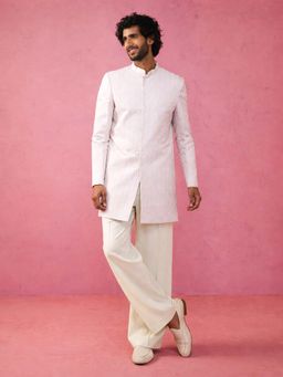 Vastramay - Men Purple Jacquard Silk Blend Sherwani With Cream Wide Leg Pant