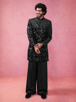 Vastramay - Men Black Floral Sequin Embroidery Velvet Sherwani With Wide Leg Pant