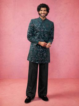 Vastramay - Men Bottle Green Floral Sequin Embroidery Velvet Sherwani With Black Wide Leg Pant