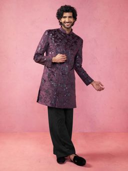 Vastramay - Men Wine Floral Sequin Embroidery Velvet Sherwani With Black Wide Leg Pant