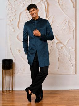 Vastramay - Men Bottle Green Stone And Cutdana Work Velvet Sherwani With Black Wide Leg Pant