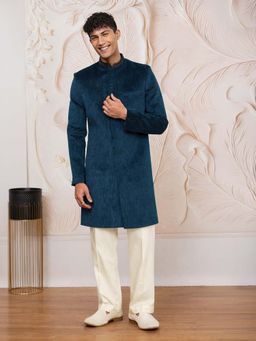 Vastramay - Men Bottle Green Stone And Cutdana Work Velvet Sherwani With Cream Wide Leg Pant