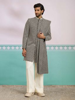 Vastramay - Men Black Chikankari Rayon Sherwani With Cream Pant & Dupatta