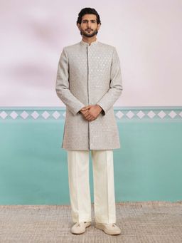 Vastramay - Men Grey Chikankari Rayon Sherwani With Cream Wide Leg Pant