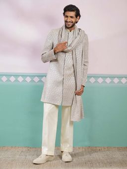 Vastramay - Men Grey Chikankari Rayon Sherwani With Cream Pant & Dupatta