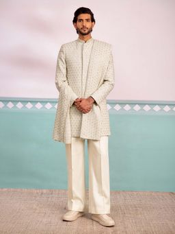 Vastramay - Men Off White Chikankari Rayon Sherwani With Cream Pant & Dupatta
