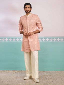 Vastramay - Men Peach Chikankari Rayon Sherwani With Cream Wide Leg Pant