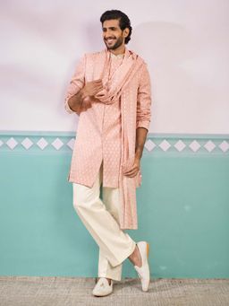 Vastramay - Men Peach Chikankari Rayon Sherwani With Cream Pant & Dupatta