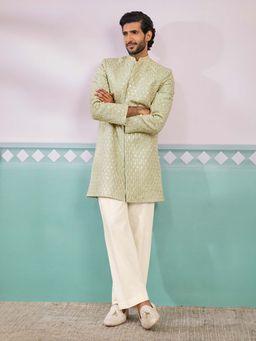 Vastramay - Men Pista Green Chikankari Rayon Sherwani With Cream Wide Leg Pant
