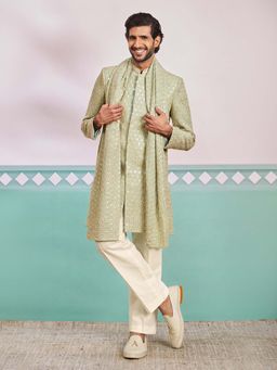 Vastramay - Men Pista Green Chikankari Rayon Sherwani With Cream Pant & Dupatta