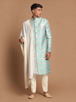 Vastramay - Men Aqua Jacquard Silk Blend Sherwani With Cream Pant And Dupatta